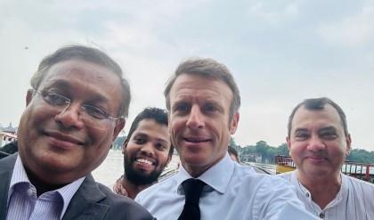French President takes selfie with Info Minister Hasan Mahmud