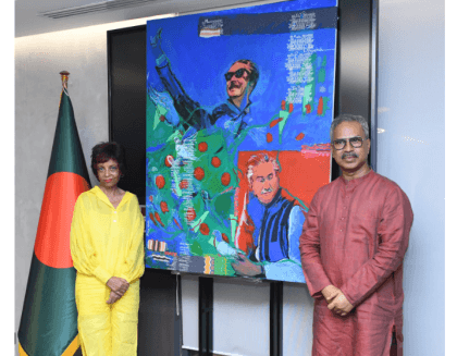 Noted artist Kuhu Plamondon presents painting on Bangabandhu to BGMEA