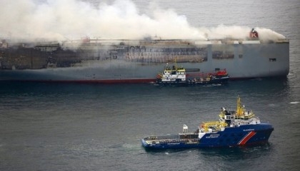 Towing begins of cargo ship ablaze off Dutch coast