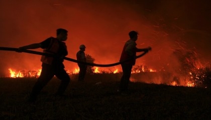 Firefighters are trying to put out a peatland fire threatening homes on Indonesia's Sumatra Island